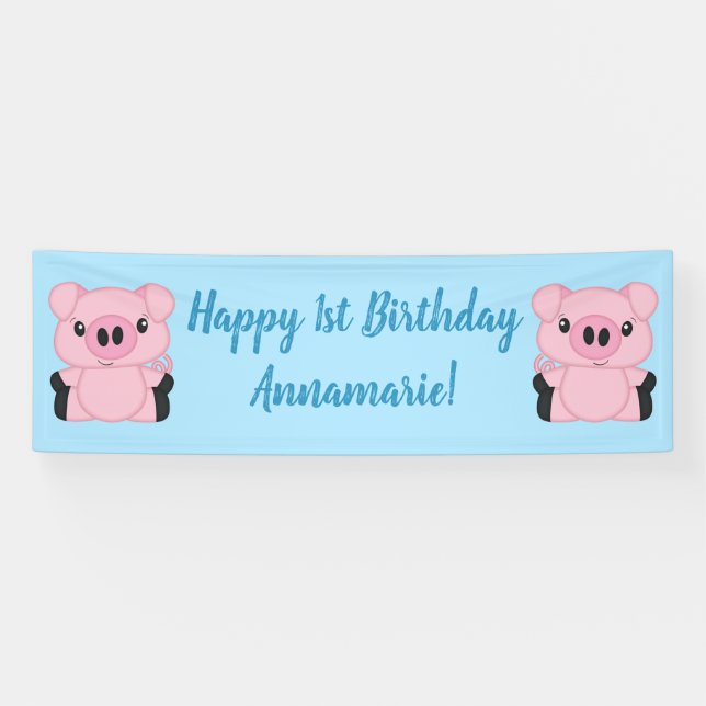 Blue Pig Birthday Party Banner (Horizontal)
