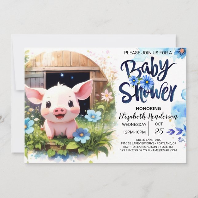 Blue Pig's Barnyard Bash Adventure Baby Shower Einladung (Vorderseite)