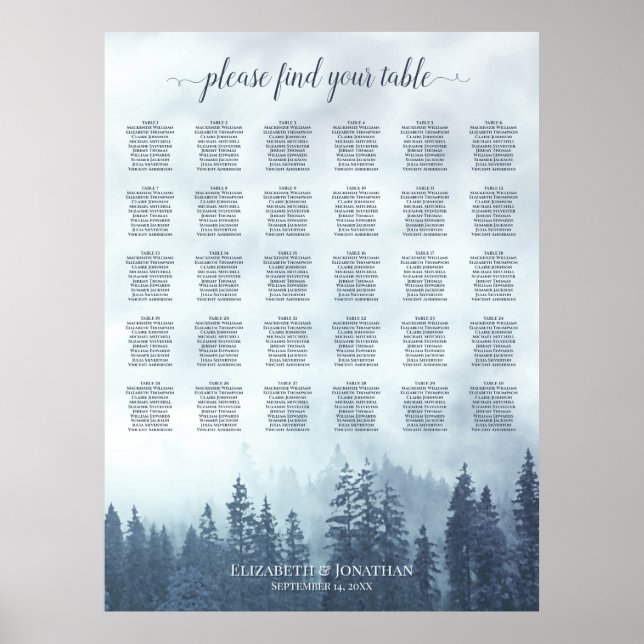 Blue Pine Forest 30 Table Wedding Seating Chart Poster (Vorne)