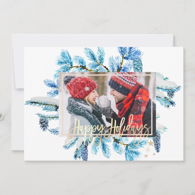 Blue Pine Tree Branches Foto Frohe Weihnachten (Vorderseite)