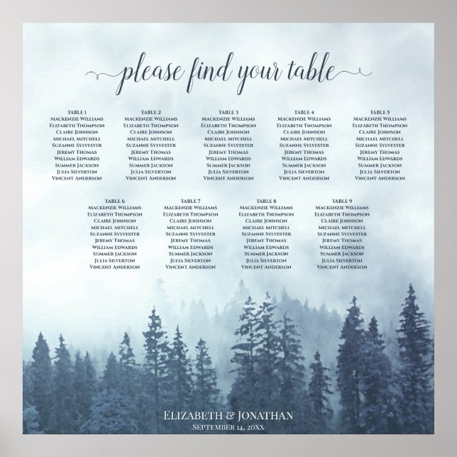 Blue Pine Trees 9 Table Wedding Seating Chart Poster (Vorne)