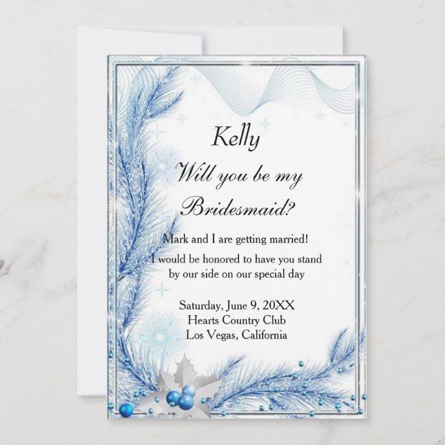 Blue Pine Winter Weihnachten Hochzeit Bridesmaid C Einladung (Vorderseite)