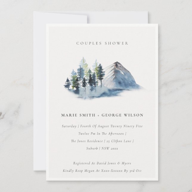 Blue Pine Woods Mountain Couples Douche Invitation (Devant)