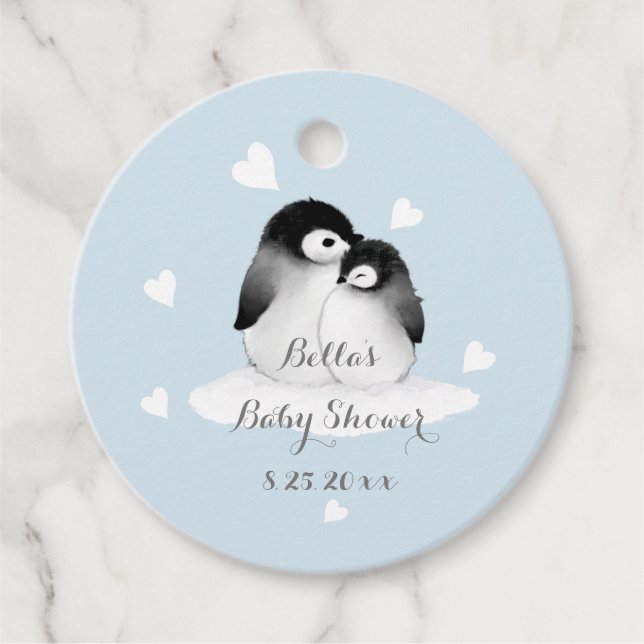 Blue Pinguin Baby Dusche Geschenkanhänger (Vorderseite)