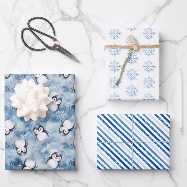 Blue Pinguin Baby Duschgeschenk Packung Geschenkpapier Set (Vorderseite)