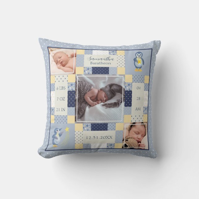 Blue Pinguin Quilt Baby Birth Stats Personalisiert Kissen (Vorderseite)
