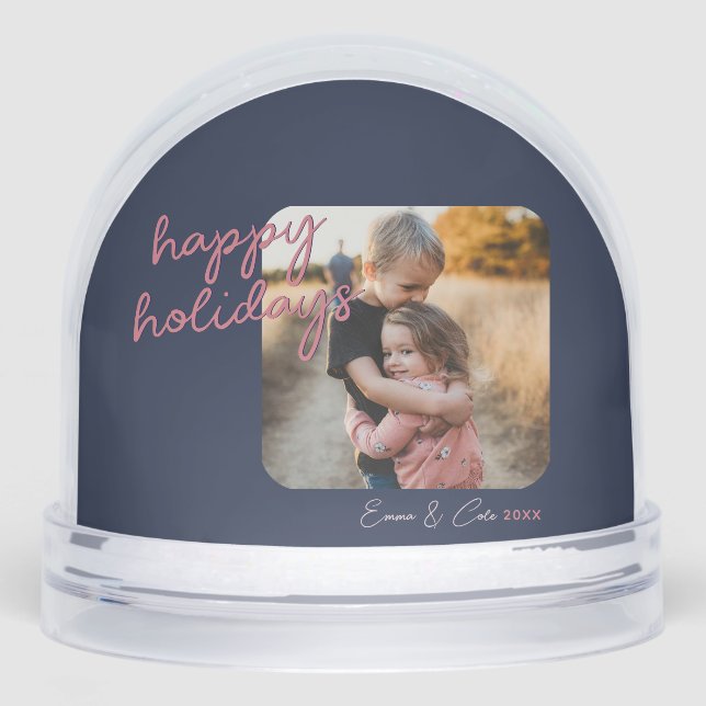 Blue Pink 1-Photo Happy Holidays Script Schneekugeln (Vorderseite)