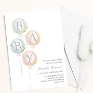Blue Pink and Gold Baby Balloons Gender Reveal Einladung