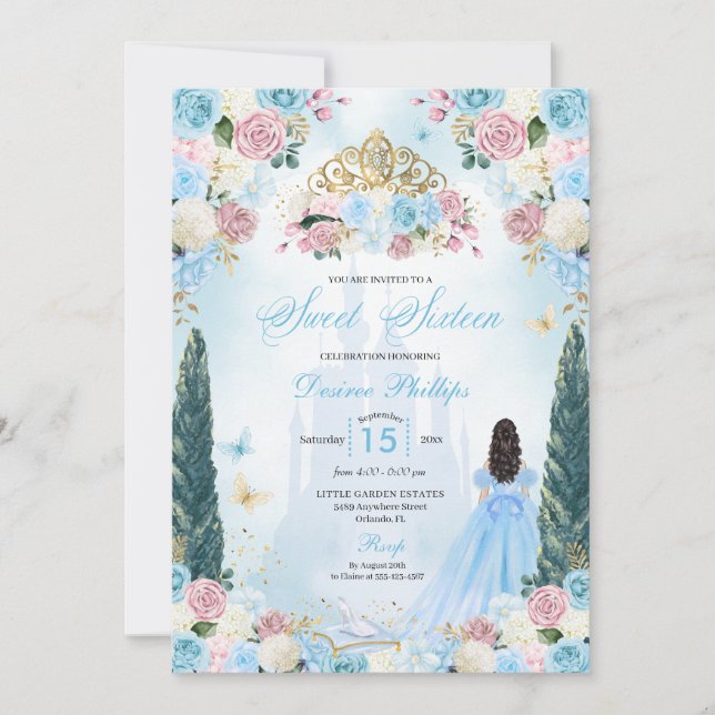 Blue & Pink Aschenputtel Fairytale Prinzessin Swee Einladung (Vorderseite)