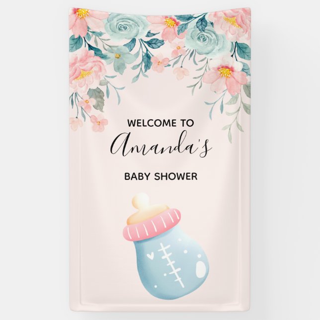 Blue & Pink Baby Flasche Niedlich Babydusche Banner (Vertikal)