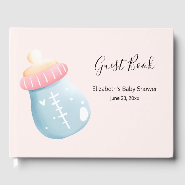 Blue & Pink Baby Flasche Niedlich Babydusche Gästebuch (Vorderseite)