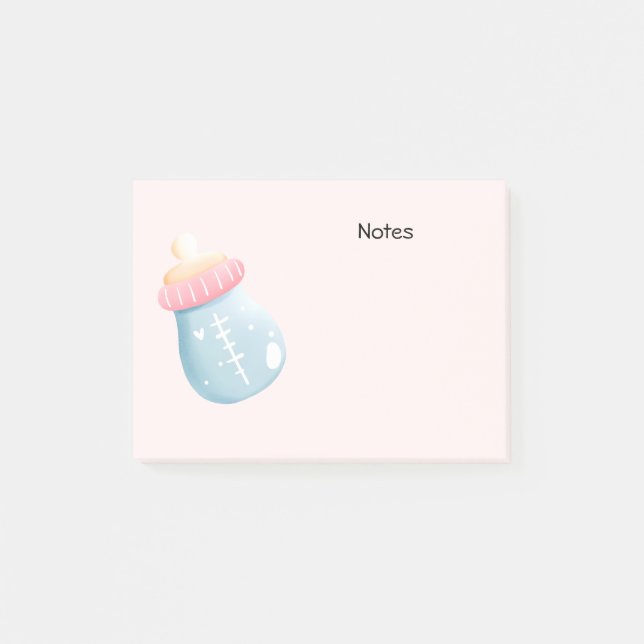 Blue & Pink Baby Flasche Niedlich Post-it Klebezettel (Vorderseite)