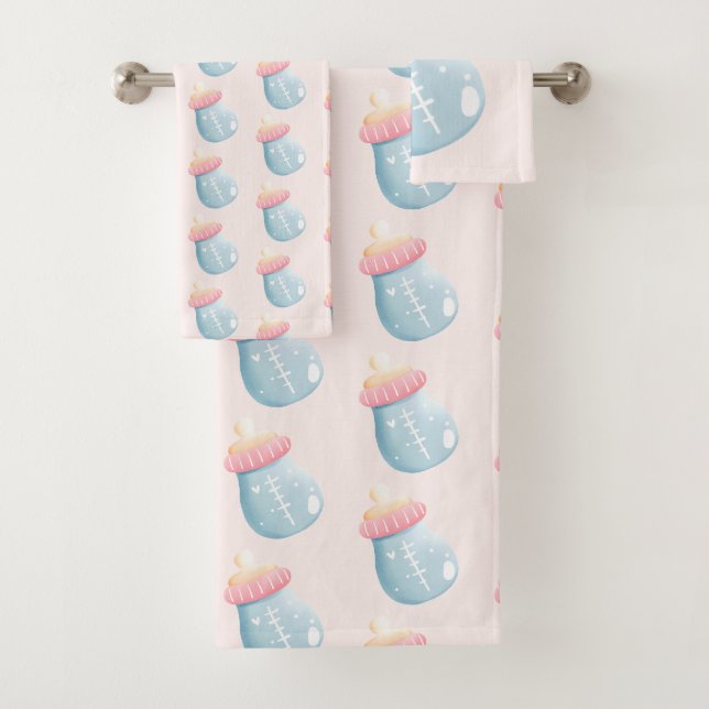 Blue & Pink Baby Flasche Niedliches Muster Badhandtuch Set (Insitu)