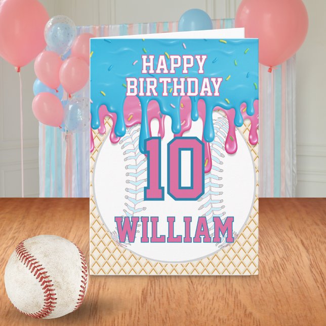 Blue Pink Baseball Drip Any Age Birthday Karte (Pink Blue Baseball Drip Birthday Greeting Card
)