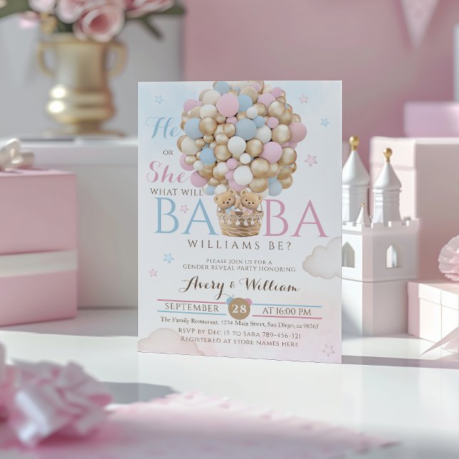 Blue Pink Bear Balloon Gender Reveal Baby Dusche Einladung (Von Creator hochgeladen)