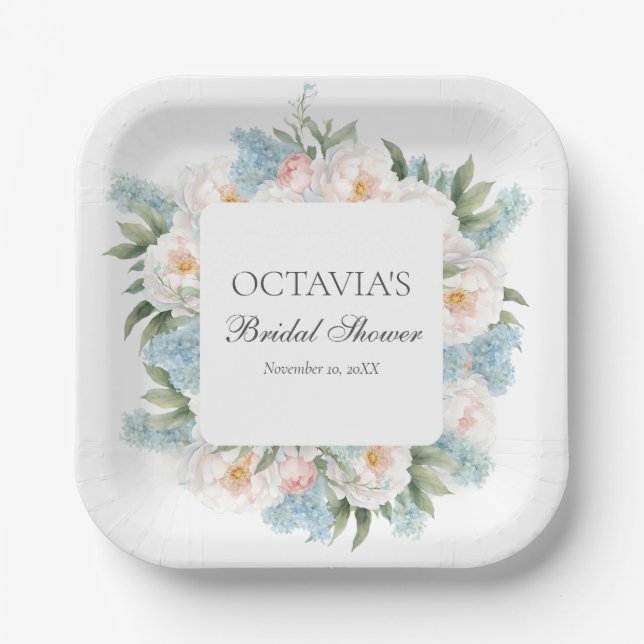 BLUE PINK BLOMING BLUME BRIDAL MONOGRAM PAPPTELLER (Vorderseite)
