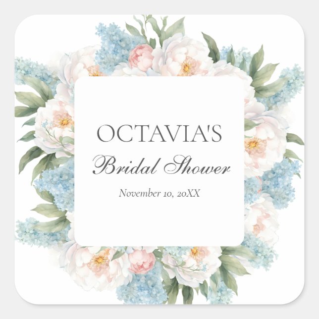 BLUE PINK BLOMING BLUME BRIDAL MONOGRAM QUADRATISCHER AUFKLEBER (Vorderseite)