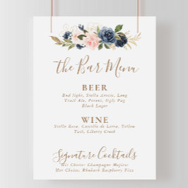 Blue Pink Blume Hochzeitsmenü Bar Poster