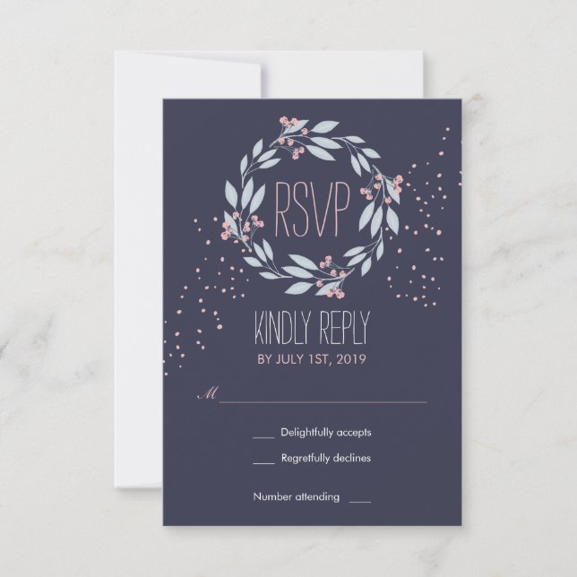 Blue Pink Blume Wreath Wedding RSVP Card (Vorderseite)