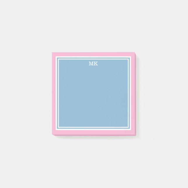 Blue Pink Borders Monogrammed Post-it Klebezettel (Vorderseite)