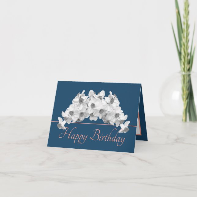 Blue Pink Bouquet White Daffodils Happy Birthday Karte (Vorderseite)