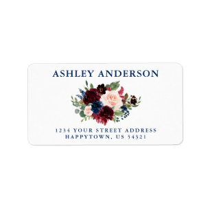 Blue Pink Burgundy Floral Wedding Rücksendeadresse Adressaufkleber