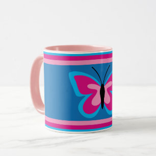 Blue Pink Butterfly - Blue Background - Tasse