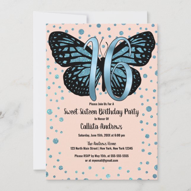 Blue Pink Butterfly Glitzer Confetti Sweet 16 Einladung (Vorderseite)