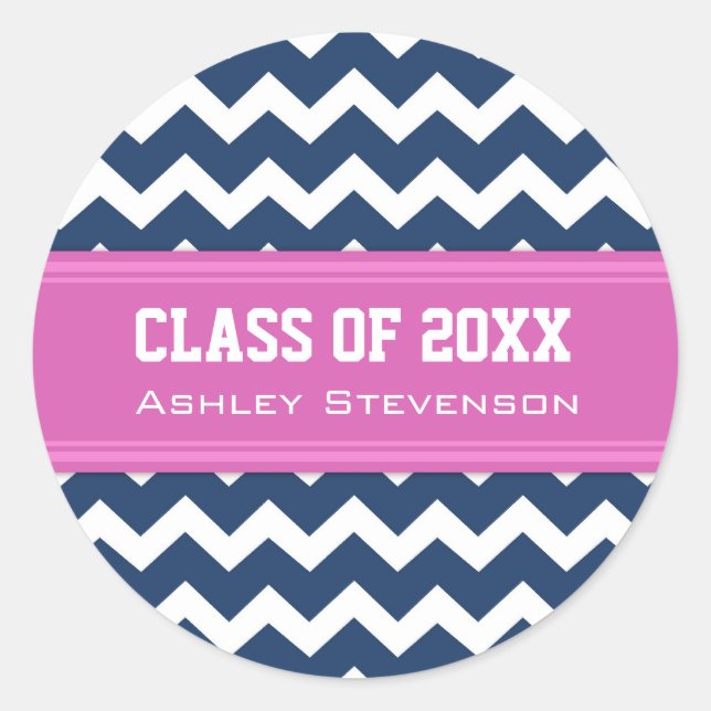 Blue Pink Chevrons Abschluss Individuelle Name Runder Aufkleber (Vorderseite)