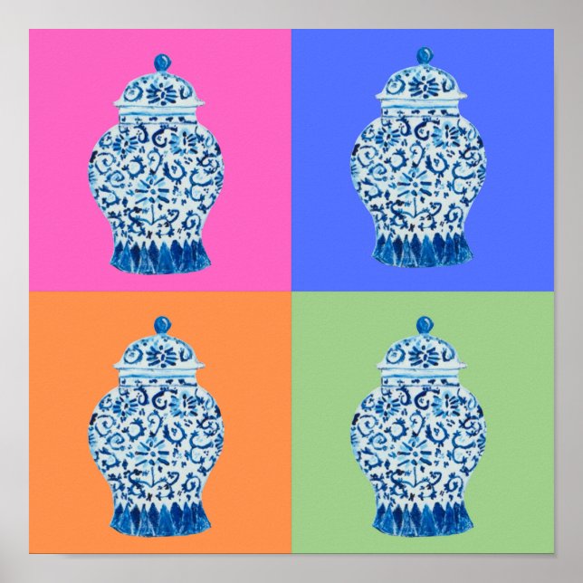 Blue Pink Chinoiserie Ginger Jakar Kunstdruck Poster (Vorne)