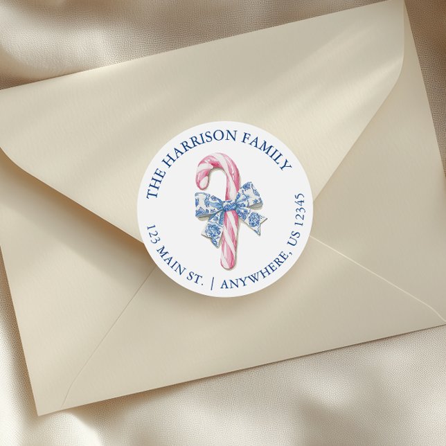 Blue Pink Chinoiserie Toile Candy Cane Adresse Runder Aufkleber (Von Creator hochgeladen)