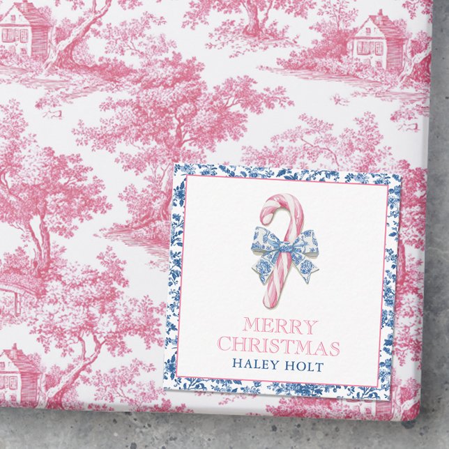 Blue & Pink Chinoiserie Toile Weihnachts Candy Can Mitteilungskarte (Photo of a pink and blue chinoiserie christmas gift with a gift enclosure card.)