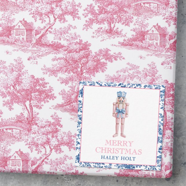 Blue & Pink Chinoiserie Toile Weihnachtsnachtscrem Mitteilungskarte (Photo of a pink and blue chinoiserie christmas gift with a gift enclosure card.)