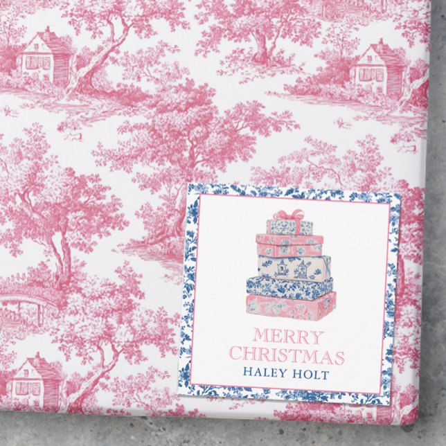 Blue & Pink Chinoiserie Weihnachtsgeschenke Mitteilungskarte (Photo of a pink and blue chinoiserie christmas gift with a gift enclosure card.)