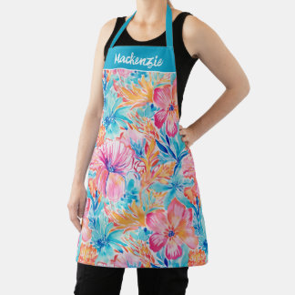 Blue Pink Coral Tropical Flower Custom Name Schürze