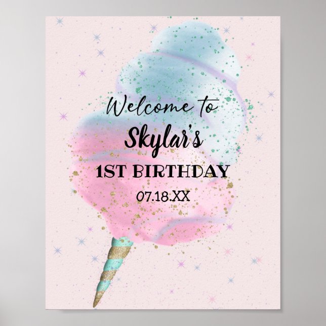 Blue Pink Cotton Candy Bronze Gold Glitzer Geburts Poster (Vorne)