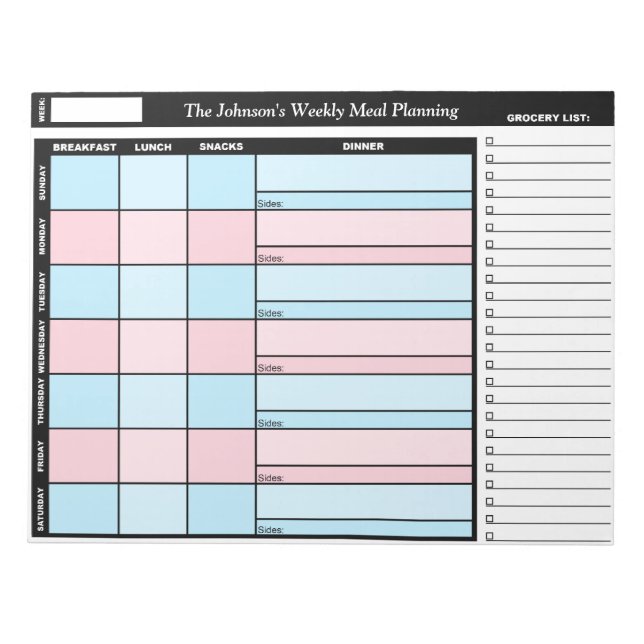 Blue & Pink Custom Weekly Meal Planning Notepad Notizblock (Vorderseite)