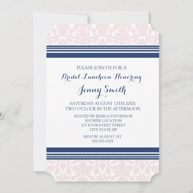 Blue Pink Damask Bridal Lunch Einladungskarten (Rückseite)