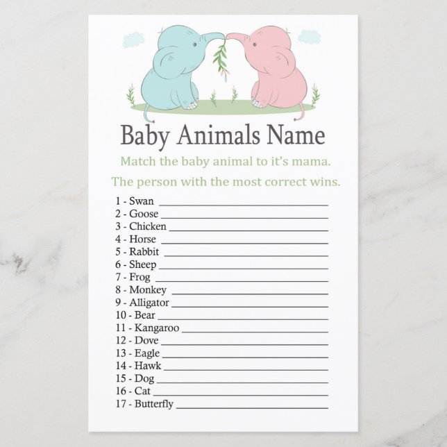Blue Pink Elephant Baby Animes Name Game (Vorderseite)