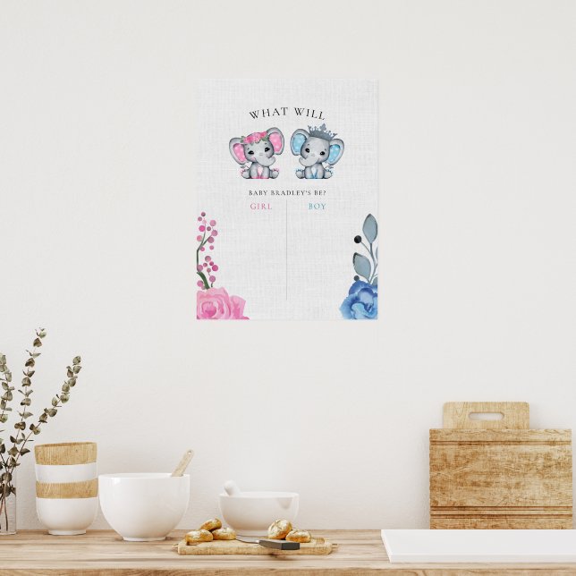Blue & Pink Elephant Gender Reveal Voting Sign Poster (Küche)