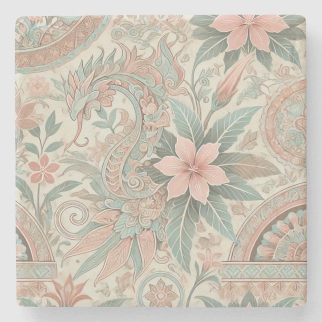 Blue Pink Floral Boho Indonesische Batik Wasserfar Steinuntersetzer (Vorderseite)
