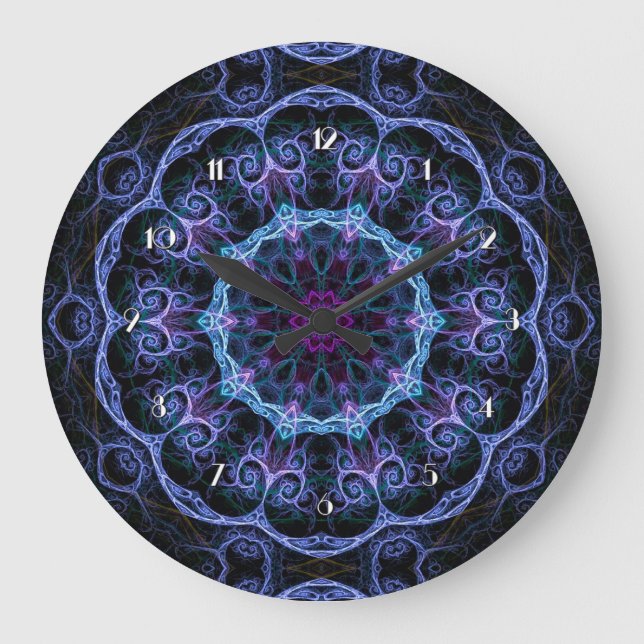 Blue & Pink Floral Fractal Pattern Wall Clock Große Wanduhr (Vorderseite)
