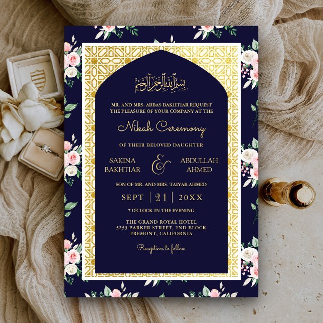 Blue Pink Floral Gold Arch muslimische Hochzeit um Einladung (Von Creator hochgeladen)