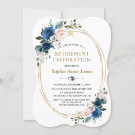 Blue Pink Floral Gold Rentirement Celebration Einladung