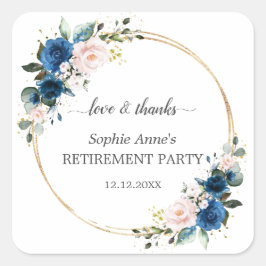 Blue Pink Floral Gold Rentirement Celebration Quadratischer Aufkleber