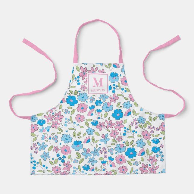 Blue Pink Floral Monogram Apron Schürze (Vorderseite)