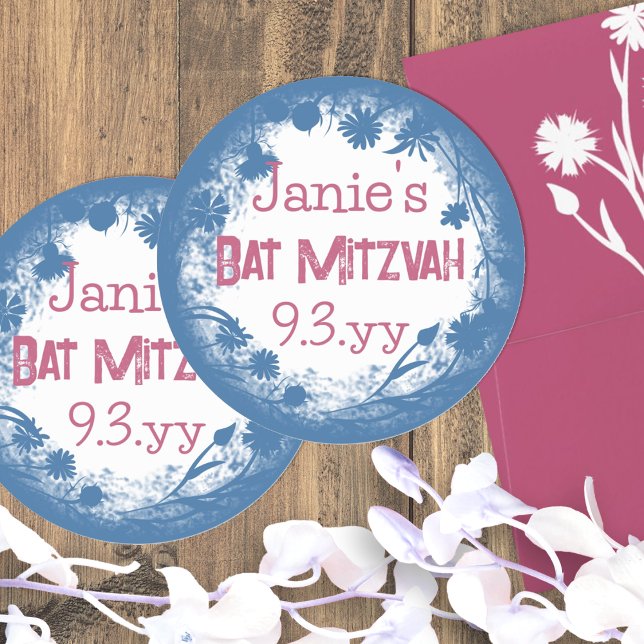 Blue Pink Floral Personalisiert Bat Mitzvah Sticke Runder Aufkleber (round blue and pink vintage bat mitzvah party favor stickers personalized labels girls birthday)