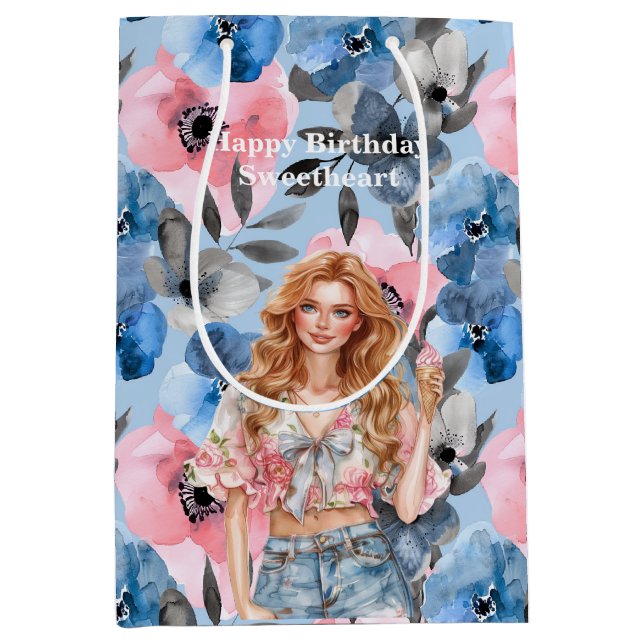 Blue Pink Floral Red Hair Girl Birthday Mittlere Geschenktüte (Vorderseite)