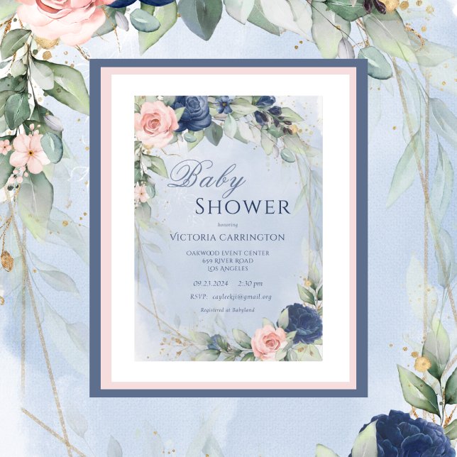 Blue & Pink Floral Watercolor Babydusche Einladung (Von Creator hochgeladen)