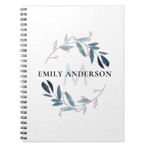 BLUE PINK FOLIAGE WATERCOLOR WREATH MONOGRAM NOTIZBLOCK